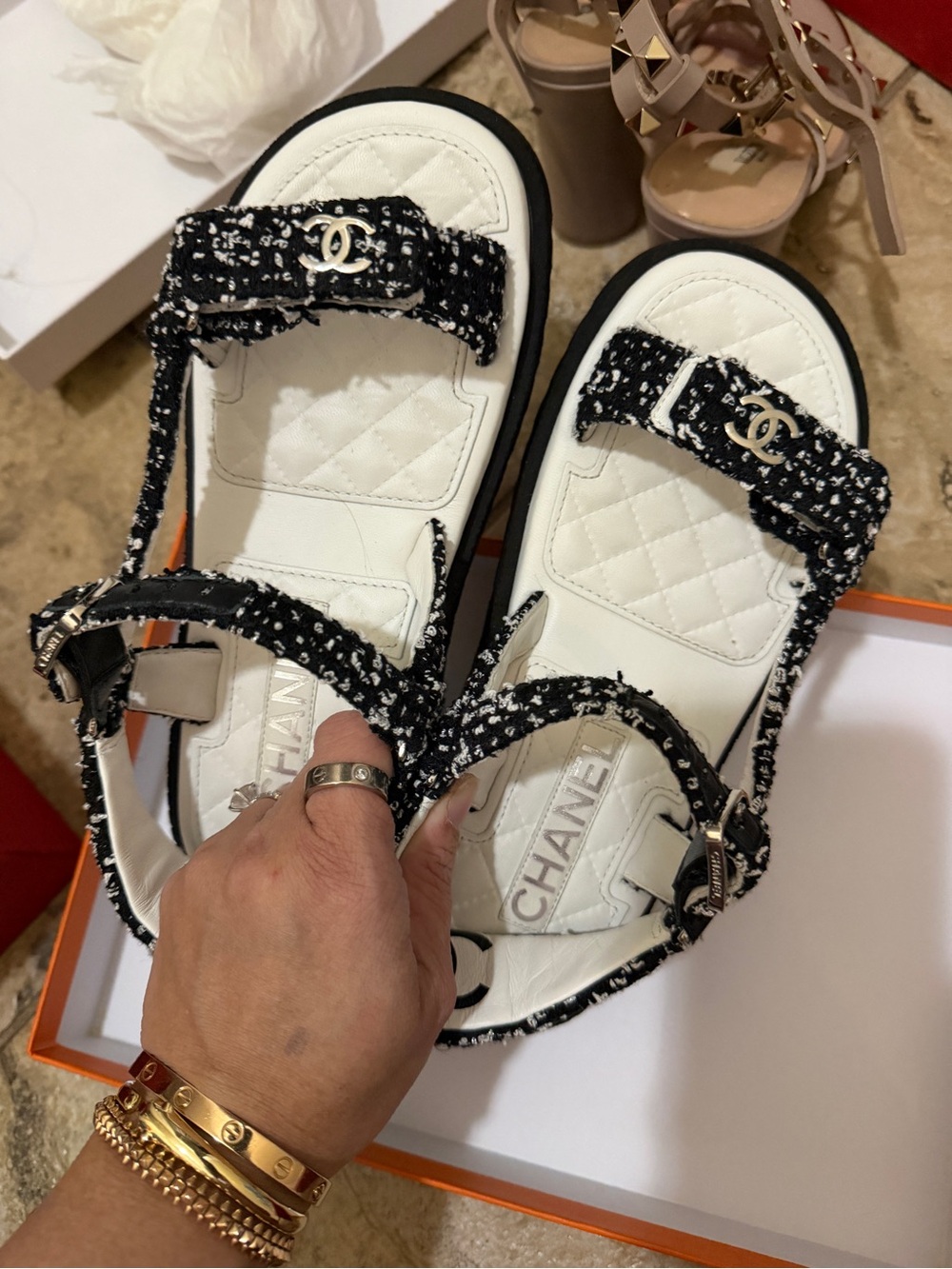 CHANEL Black & White Tweed Quilted Strap Sandals